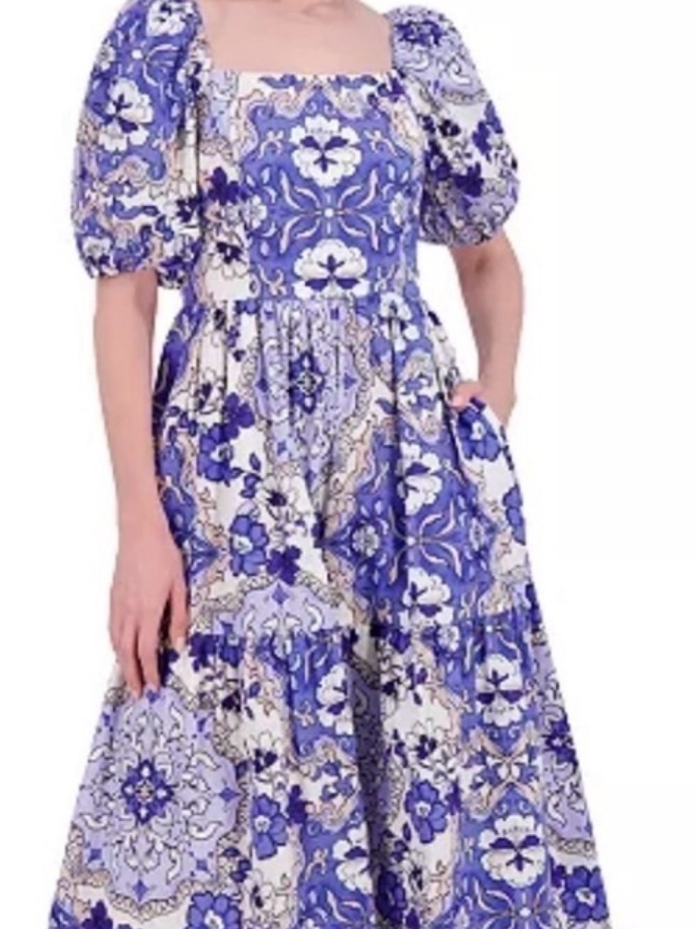 New Vincent Camuto 6 Floral Puff-Sleeve Midi Dress in Blue and White with pocket